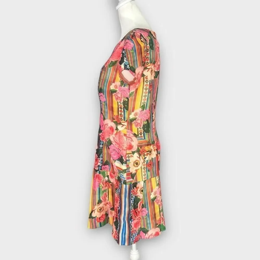 PatBo‎ Fit and Flare Mini Dress 42/Med Multicolor Silk Blend Floral Striped NWT - Picture 2 of 13